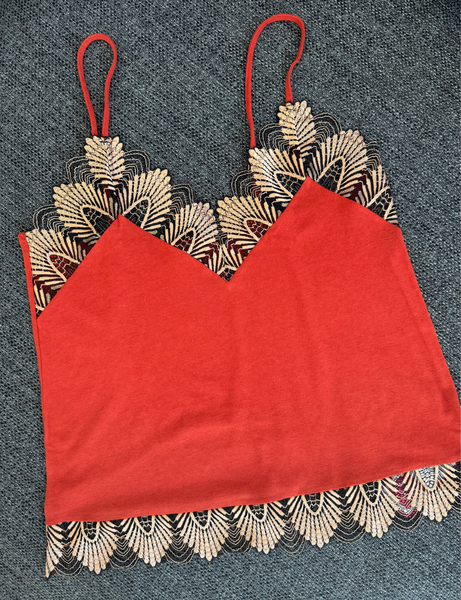 Lauma, Orange Cotton Pyjama Top With Lace, Front, 08N82 