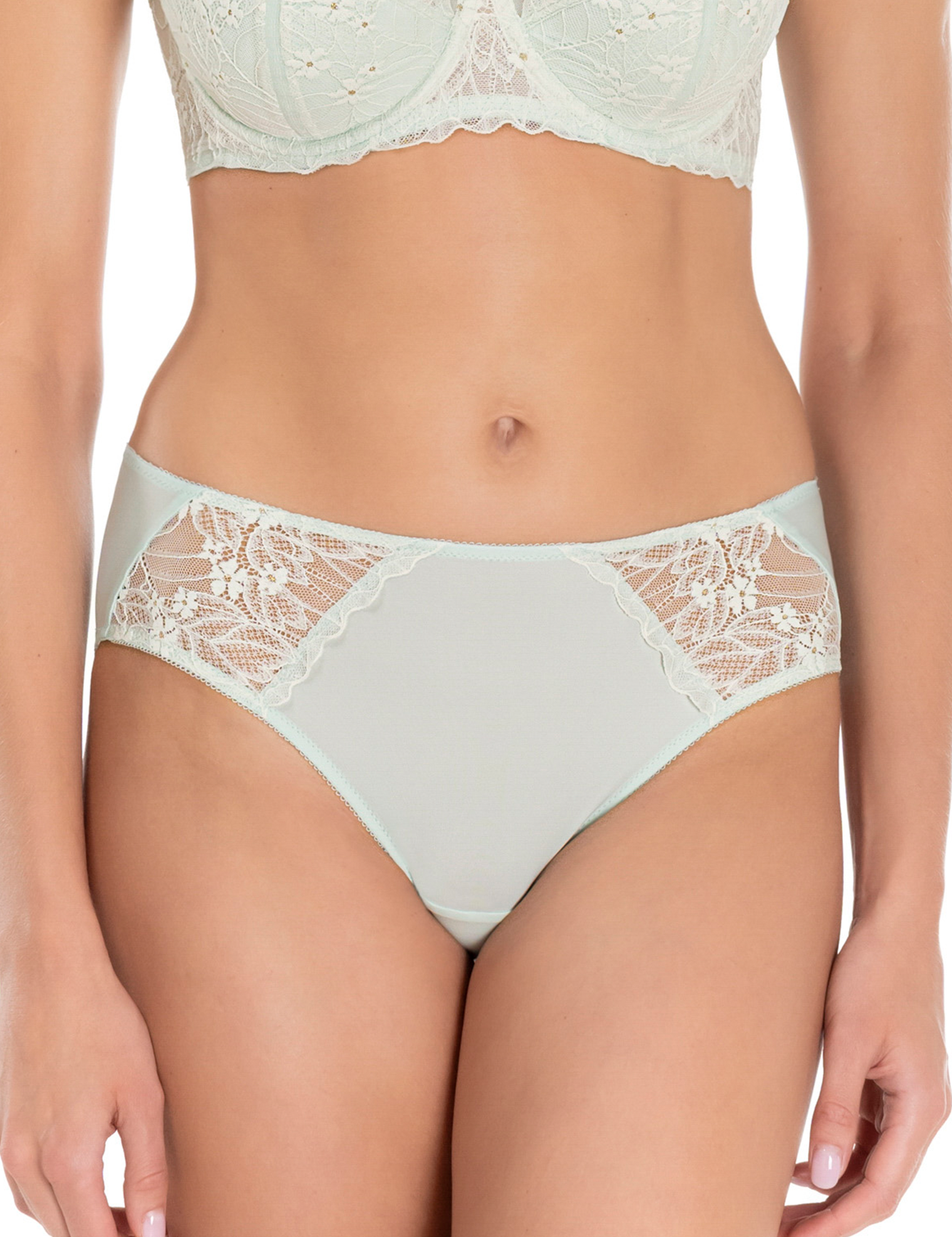 Lauma, Light Green Mid Waist Panty With Lace Trim, On Model Front, 20L52 