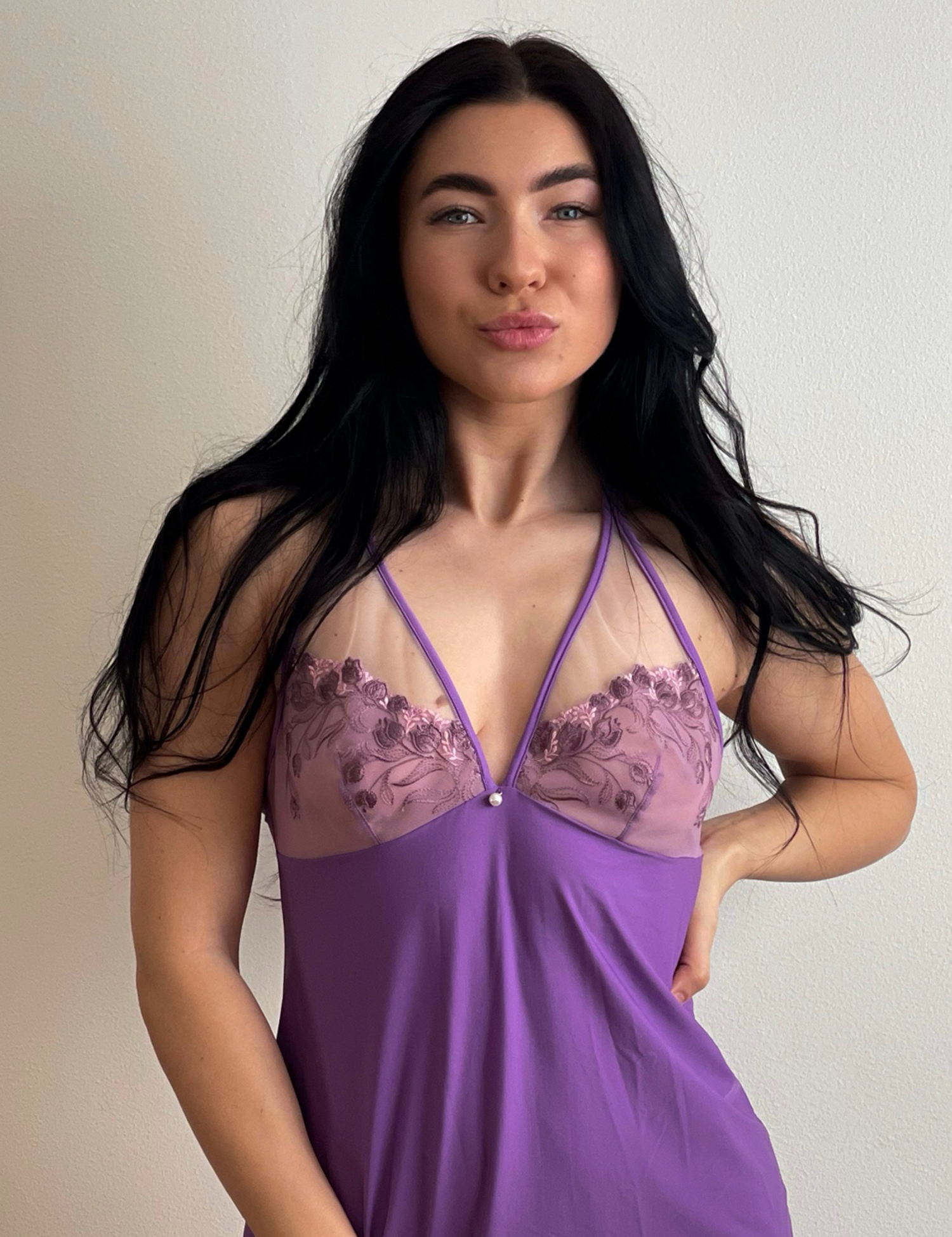 Lauma, Lilac Night Dress Wih Embroidery, On Model Front, 28L91