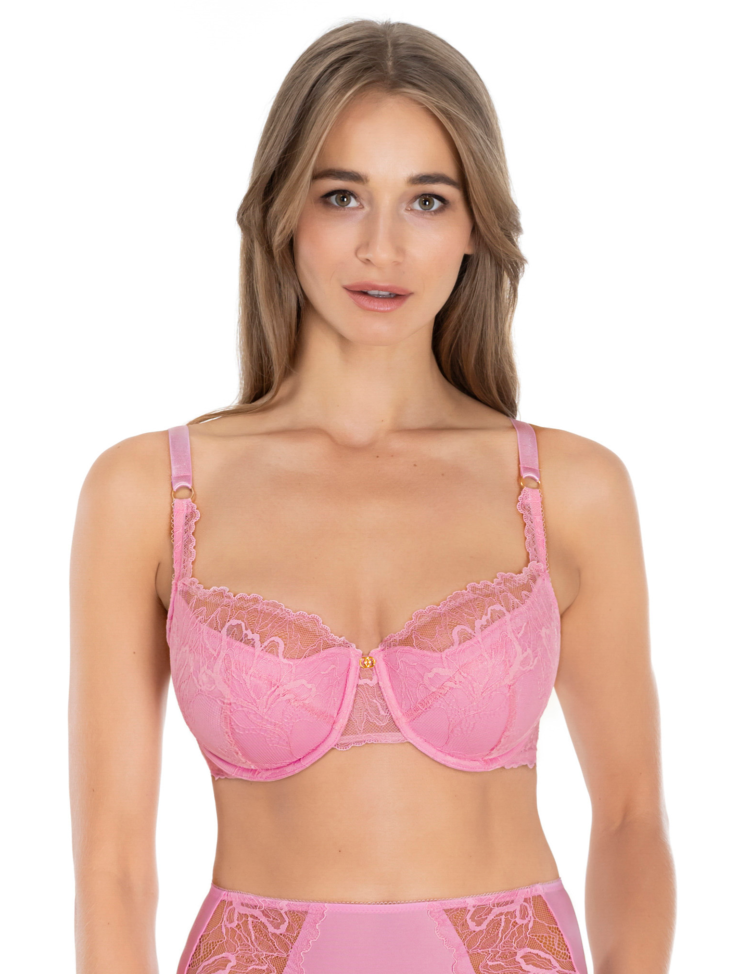Lauma, Pink Half-padded Lace Bra, On Model Front, 39L40