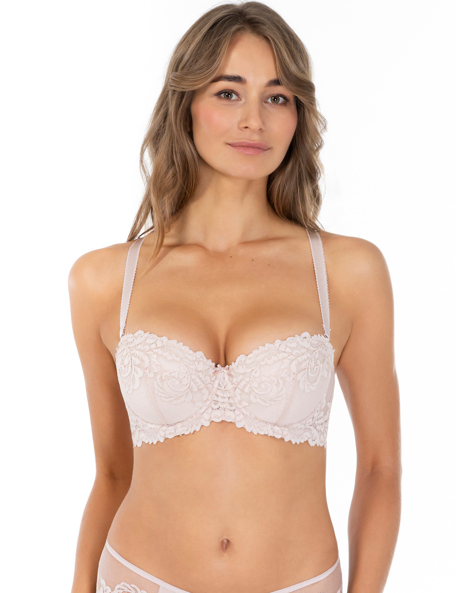 Lauma, Beige Underwired Padded Lace Balconette Bra, On Model Front, 58K32