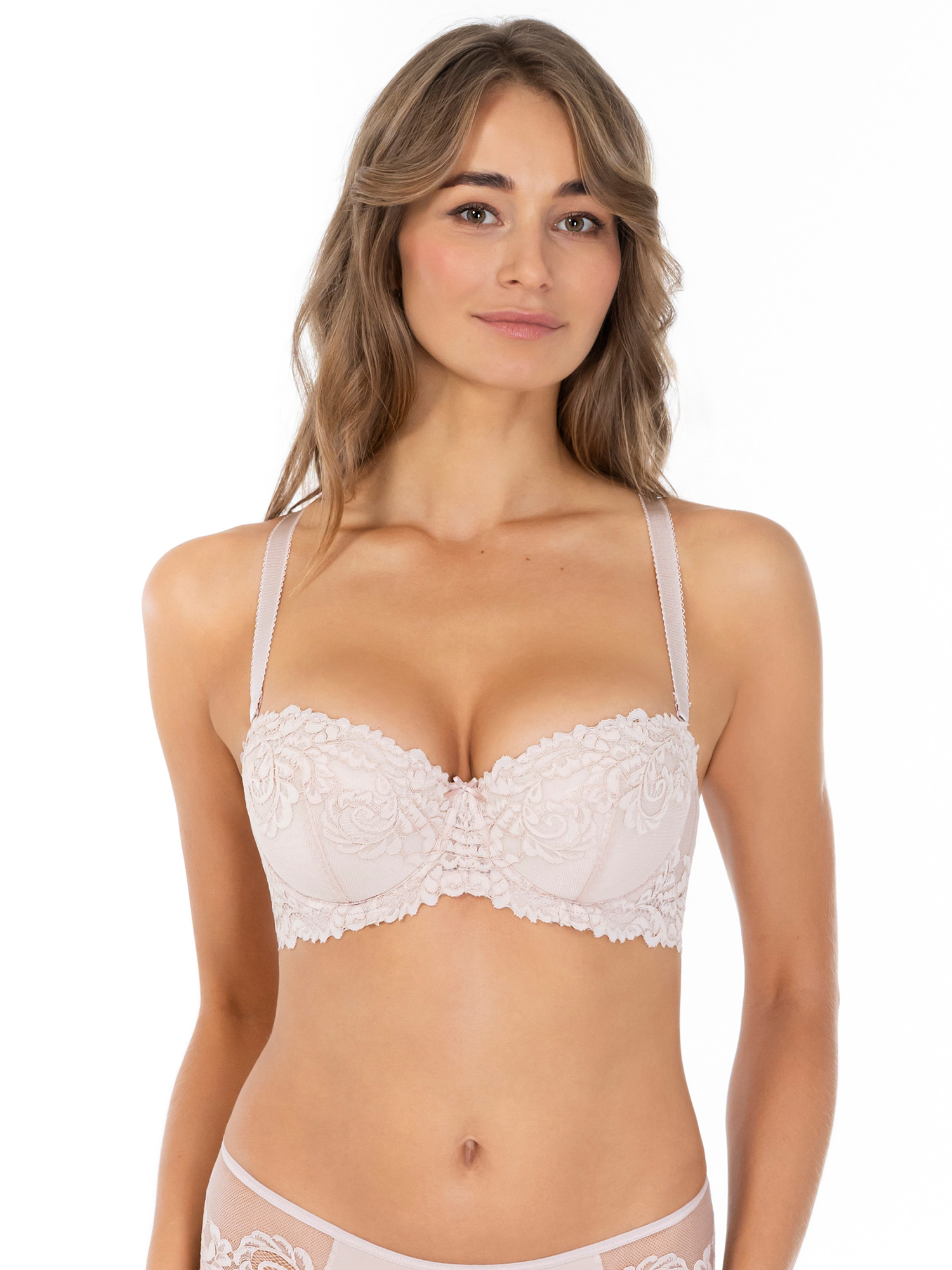 Lauma, Beige Underwired Padded Lace Balconette Bra, On Model Front, 58K32