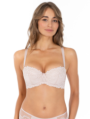 Lauma, Beige Underwired Padded Lace Balconette Bra, On Model Front, 58K32