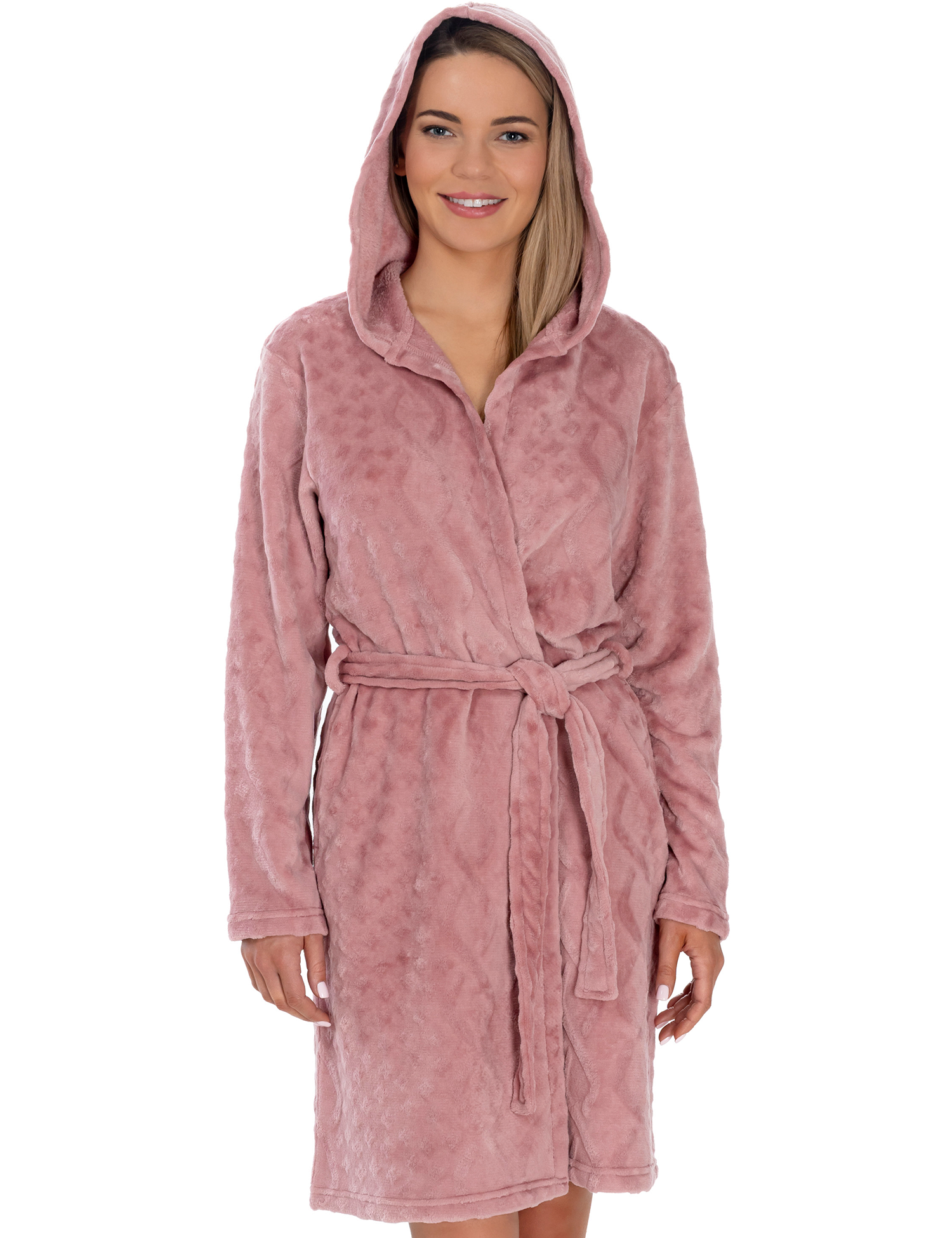 Lauma, Pink Hooded Fleece Robe, On Model Front, 72D42