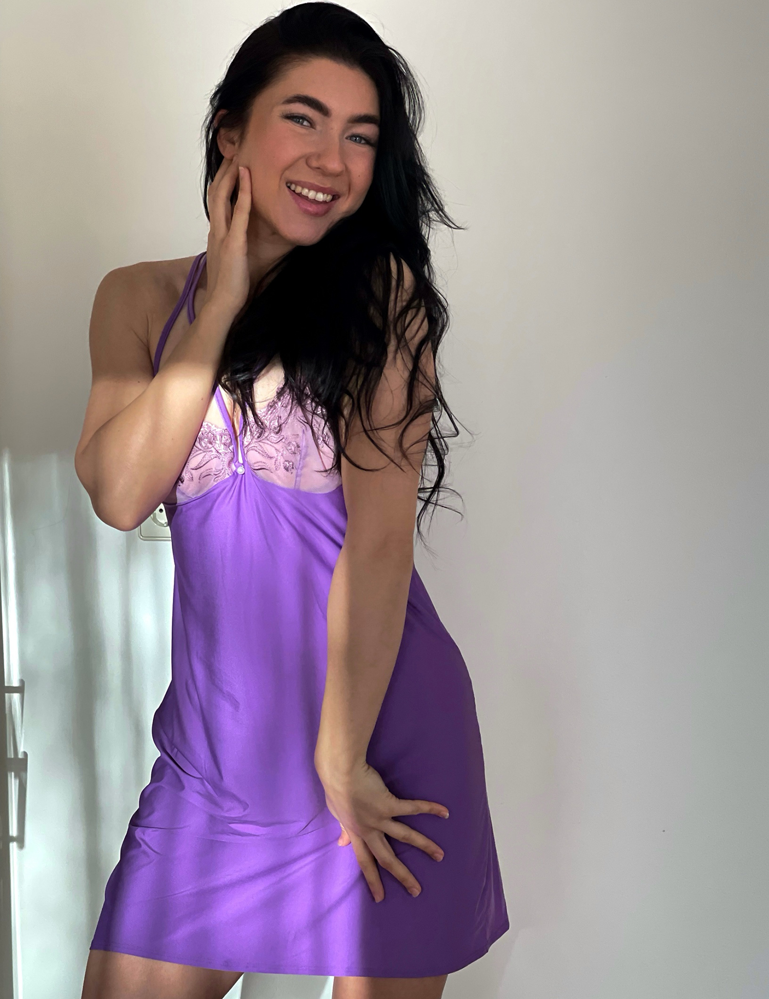 Lauma, Lilac Night Dress Wih Embroidery, On Model Front, 28L91