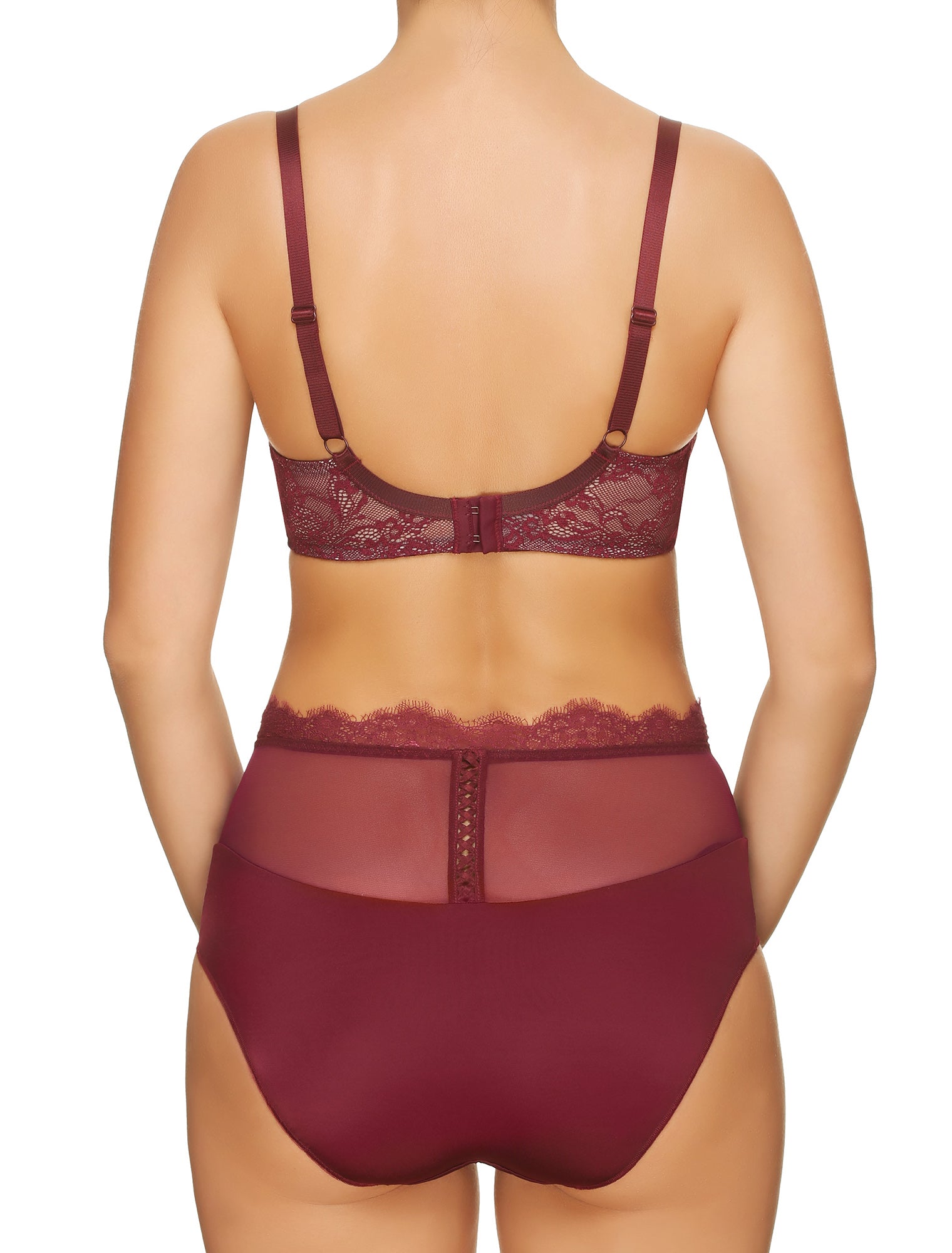 Lauma, Dark Red Underwired Soft-cup Lace Bra, On Model Back, 16H20