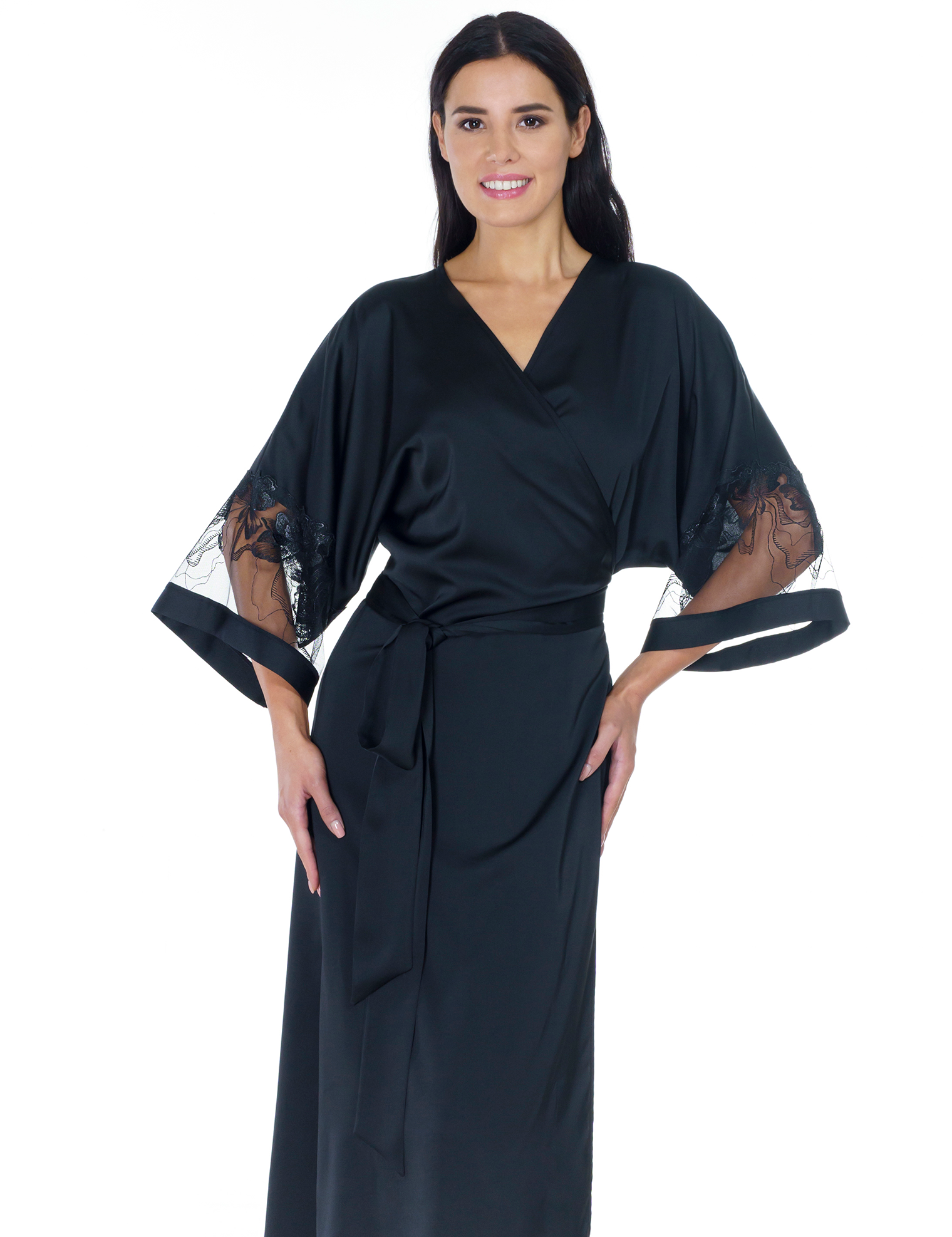 Lauma, Black Knee-length Dressing Gown, On Model Front, 17K98