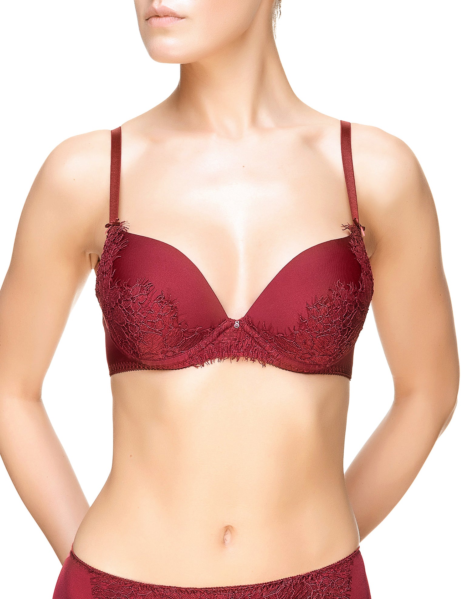 Lauma, Dark Red Moulded Push Up Bra, On Model Front, 61J35
