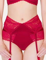 Lauma, Red Lace Suspender Belt, On Model Front, 74J05