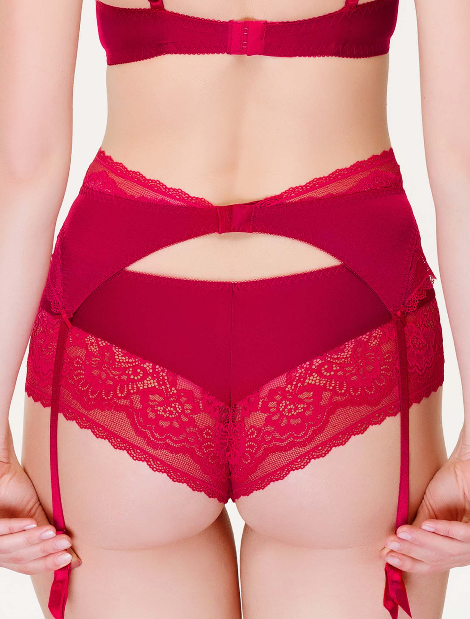 Lauma, Red Lace Suspender Belt, On Model Back, 74J05