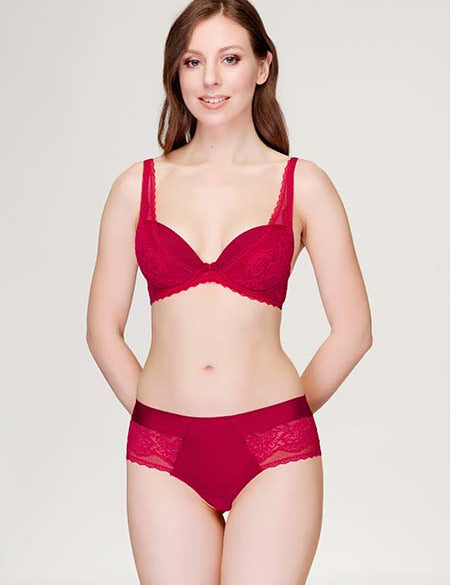 Lauma, Red Lace Plunge Push-up Bra, On Model Front, 74J10